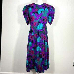 Vintage Damon Petite Womens Two Piece Floral Dress Multicolor Size 8